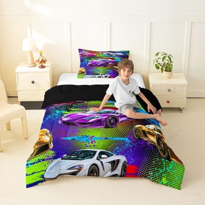 Feelyou Boys Sports Car Comforter Set Twin Size for Kids Boys Girls