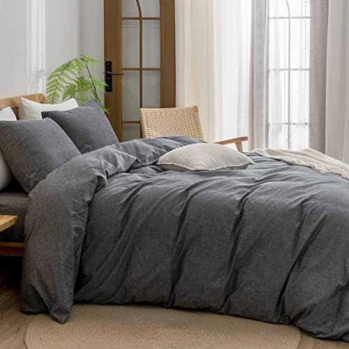 BESTOUCH Cotton Solid Duvet Cover Set Linen Feel Dark Black King
