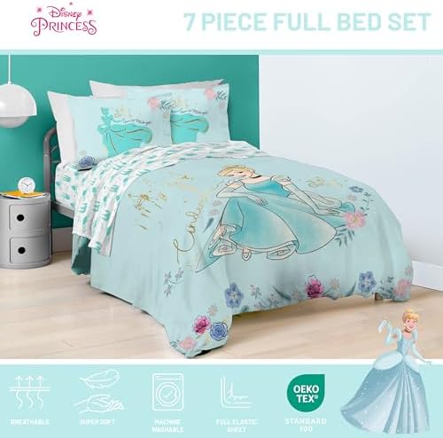 Disney Princess Full Size Comforter Set 7 Piece Kids Bedding, Blue