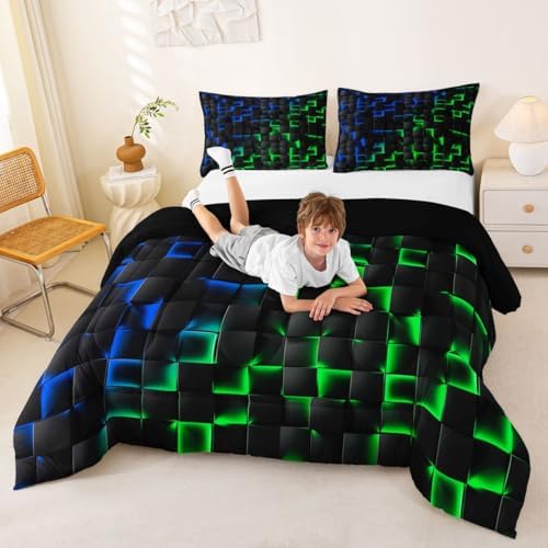 Erosebridal Geometric Checkered Comforter Set Full Neon Blue Green Bedding Set for Kids Boys Teen Gamer Room Decor,Abstract Ombre Plaid Comforter Grids Quilt Duvet Black