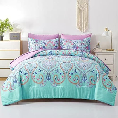DHSFKBE Twin Comforter Set, 5 Piece Bed in a Bag, Boho Aqua and Lilac Damask Medallion Print Comforter with Sheets, Soft Microfiber Complete Bedding Set for All Season (Aqua, Twin)