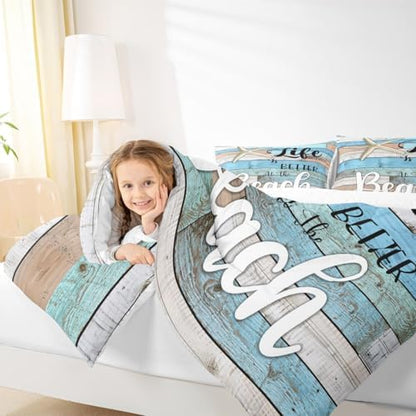 Beach Life Comforter Set King Size,Cute Starfish Bedding Set 3pcs,Rustic Farmhouse Down Comforter for Kids Boys Girls Teens Room Decor,Retro Blue Wooden Plank Bed Set for All Season,2 Pillowcases