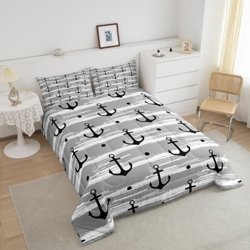 Manfei Anchor Comforter Set Full Size, Nautical Theme Bedding Set 3pcs for Kids Boys Teens Adults Bedroom Decor, Rustic Farmhouse Grey Down Comforter Soft Polyester Quilt Set with 2 Pillowcases