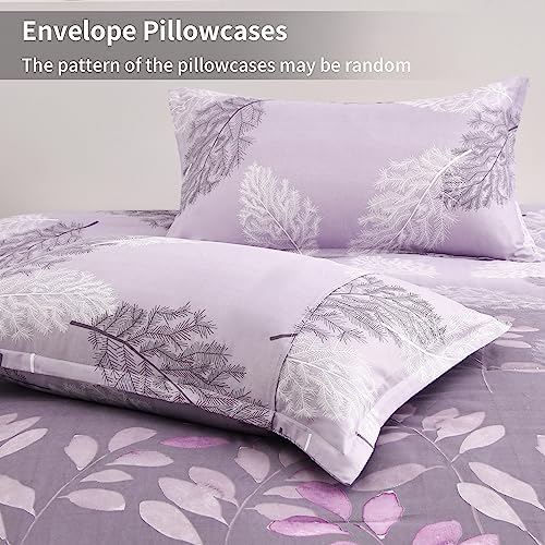 DJY Purple Comforter Set King, Botanical Leaves Comforter for King Bed 3 Pieces Reversible Floral Bed Comforter Sets Soft Microfiber Bedding Set for All Season (104"x90")