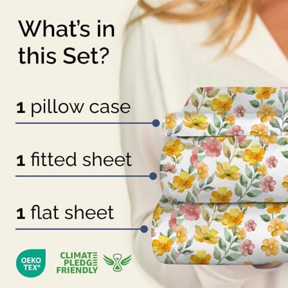 Twin XL 3 Piece Floral Sheet Set - Breathable & Cooling - Sun Kissed Bloom