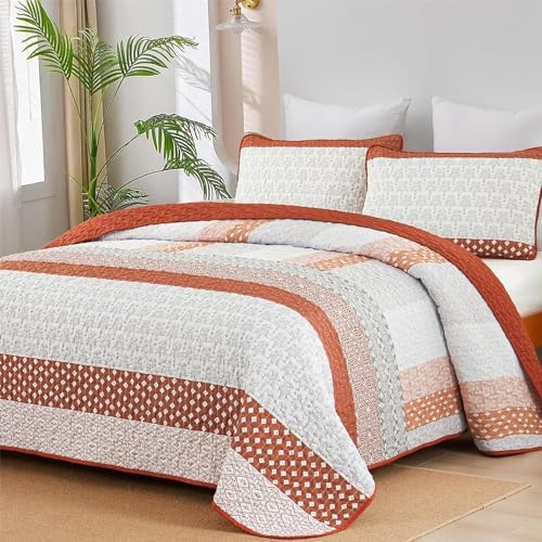 WONGS BEDDING Boho Quilt Set King Size, Stripe Bedspread Sets, Burnt Orange