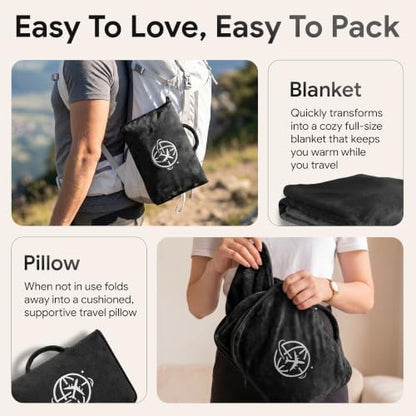 2-in-1 Travel Blanket and Pillow – Lightweight, Compact, Ultra Soft, Machine Washable – Handle, Luggage Sleeve, Backpack Clip – for Travel Airplane, Car, Office (Black)