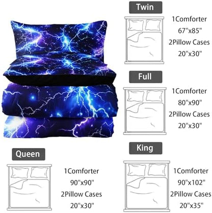 Nttopship Blue Lightning Comforter Set Full Size Bed in A Bag,Lightning Bedding Set for Teen Adult Blue Room Decor Ultra-Soft Lightweight Microfiber with 2 Pillowcases