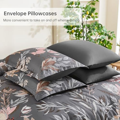 Luxudecor Floral Comforter Set Queen Bed in a Bag Set,7 Pieces Dark Gray Floral Comforter and Sheet Set,Soft Microfiber Bedding Sets for All Seasons (Dark Gray,90"X90")