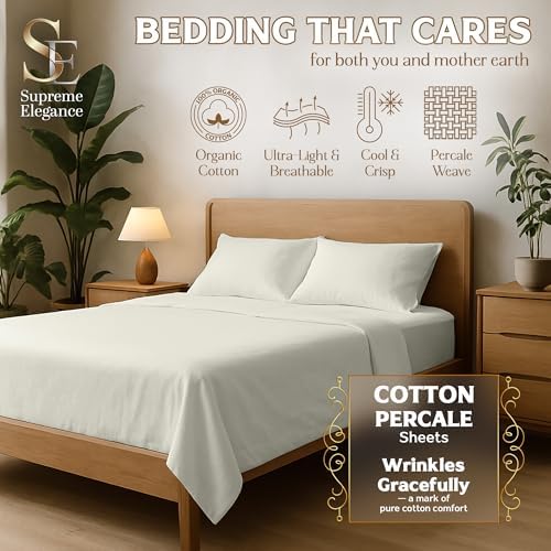 SUPREME ELEGANCE 100% Organic Cotton King Size Bed Sheets Set, Light Ivory