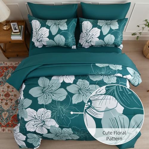 Luxudecor Teal Comforter Set Queen, 7 Pieces Floral Bed in a Bag