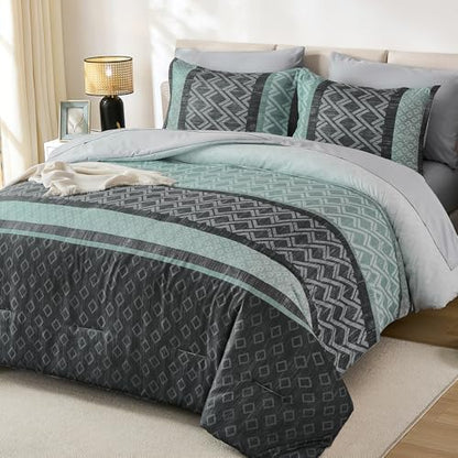 Boho Comforter Set King Size,Green and Grey Striped Bed in a Bag