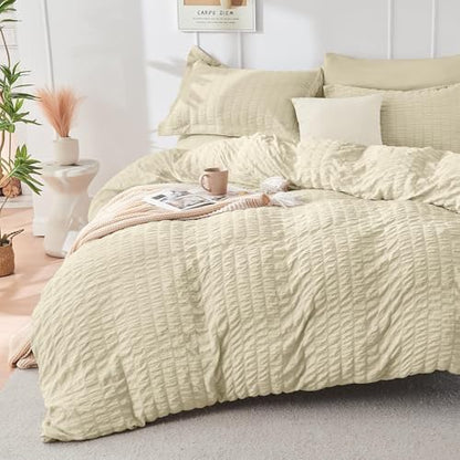 HYMOKEGE Oatmeal King Size Comforter Set Seersucker 7 Pieces, All Season Luxury Bed in a Bag for Bedroom, Bedding Set with Comforter, Sheets, Pillowcases & Shams
