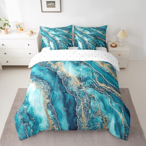 Erosebridal Teal Tie Dye Bedding Set for Kids Teens,Gradient Marble Texture Comforter Set Twin Size,Abstract Art (Comforter+Fitted+Flat Sheet+2 Pillowcases+2 Throw Pillow Covers) 7 Pieces Bed Set
