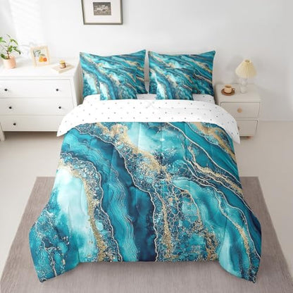 Erosebridal Teal Tie Dye Bedding Set for Kids Teens,Gradient Marble Texture Comforter Set Twin Size,Abstract Art (Comforter+Fitted+Flat Sheet+2 Pillowcases+2 Throw Pillow Covers) 7 Pieces Bed Set