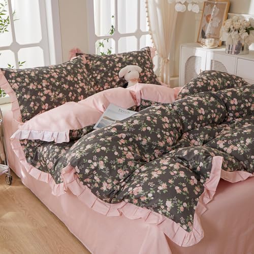 mixinni Vintage Floral Duvet Cover Set Twin Size – 100% Cotton Ruffle Lace Bedding, Pink Rose Flower and Green Leaf Print, Reversible Stripes Pattern, Grandmillennial Cottagecore Aesthetic 3Pcs