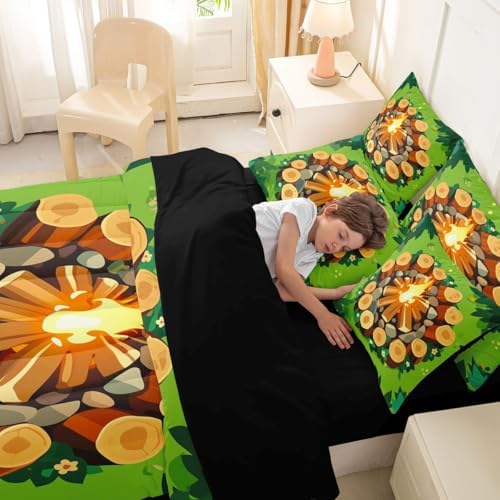 Erosebridal Campfire 7 Piece Queen Comforter Set Forest Tree Stump Comforter Set Happy Camping Camper Bedding Sets for Kids Boys Girls Woodland Campsite Summer Adventure Sheet Set with Comforter