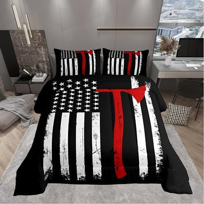 Castle Fairy Boys Firefighter Twin Size Comforter Set,Kids American Flag Decor All Season Bedding Set,Teens Fireman Comforter,Children Red Black White Decor Quilt Set Bedroom Collection 2Pcs