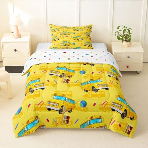 Feelyou School Bus Comforter Set Toddler Size Yellow Cartoon Truck Bedding Set for Kids Boys Girls Transport Vehicles Duvet Quilt Bedroom Decor Microfiber 2 Pcs with 1 Pillow Case