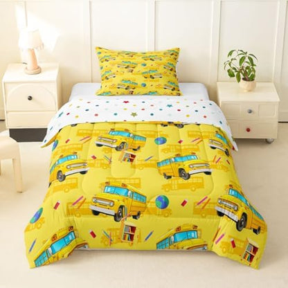 Feelyou School Bus Comforter Set Toddler Size Yellow Cartoon Truck Bedding Set for Kids Boys Girls Transport Vehicles Duvet Quilt Bedroom Decor Microfiber 2 Pcs with 1 Pillow Case