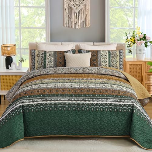 WONGS BEDDING Boho Quilt King Size,3 Pcs Bedspread Set, Brown Green
