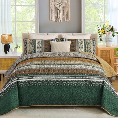 WONGS BEDDING Boho Quilt King Size,3 Pcs Bedspread Set, Brown Green