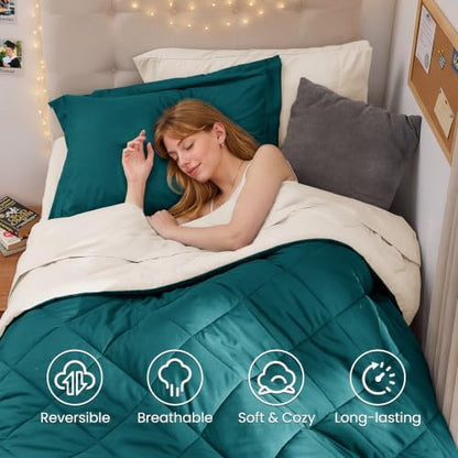 MUXHOMO 5 Pieces Twin XL Comforter Set, Reversible Bed in a Bag Twin XL Size, All Season Bedding Set with Comforter, Flat Sheet, Fitted Sheet, Pillowcases & Shams, Peacock Blue & Ivory