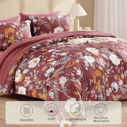 Full Size Comforter Sets- 7 Pieces Red Floral Bed in a Bag Full Bedding Set