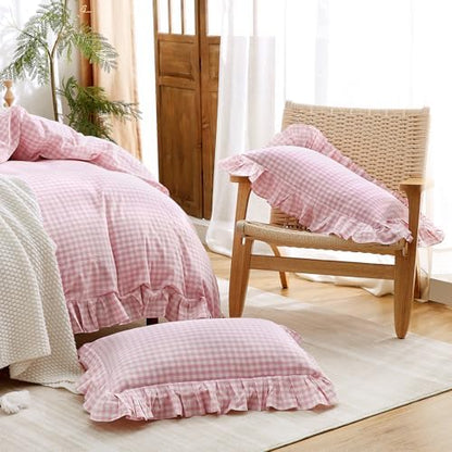 ATsense Pink Gingham Ruffle Duvet Cover Set Cotton Like Linen, Full