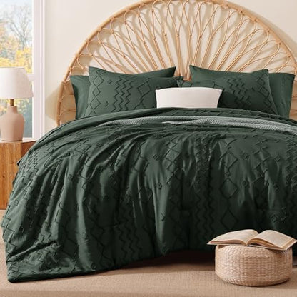 Full Size Comforter Set Dark Green Tufted Boho Geometric Bedding 7 Pieces