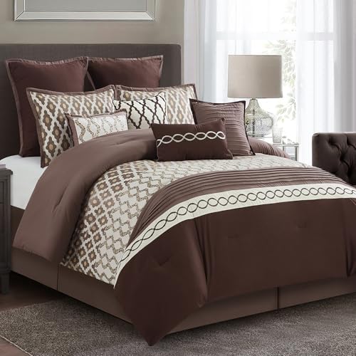 LANCO MODERN LIFESTYLE California King Comforter Set, Brown, 10 Piece Bed in a Bag for All Seasons, Luxury Extreme Comfort Bedding Sets with Bedskirt, Pillow Shams, Euro Shams and Decor Pillows