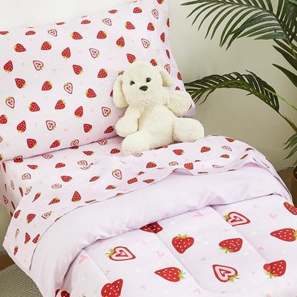 lasoftan Toddler Bedding Set, 4 Piece Bed-in-a-Bag Toddler Bed Comforter Sets for Girls, Toddler Bed Set, Prink Strawberry Printed, Machine Washable
