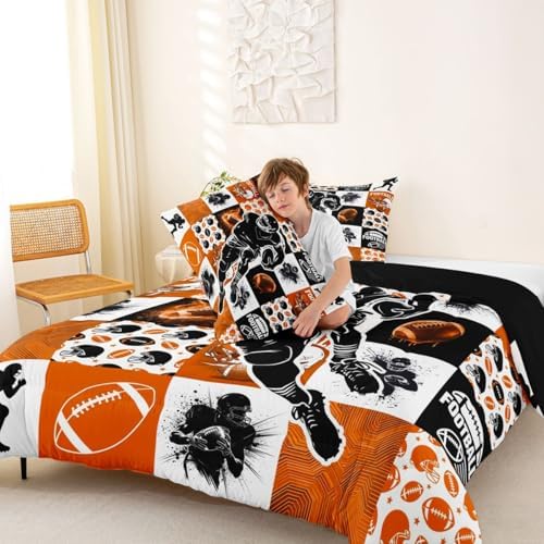 Erosebridal Sports Geometric Kids Bedding | Football Full Comforter Sets,Rugby Comforter Cool Sports Game Duvet Insert with 2 Pillow Cases