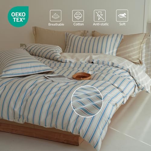 Comforter King Size - 100% Cotton Beige and Blue Striped Reversible Comforter Set, Luxury and Breathable Bedding Set for All Season, 3 Pieces, 104"x90"