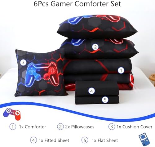 Game Console Boys Queen Comforter Set, 6-Piece Gamer Bed in A Bag, Blue and Red Gaming Bedding Set for Kids, 3D Gamepad Bedroom Decor Teen Boy Comforter Set with Sheets (Blue Red, Queen)