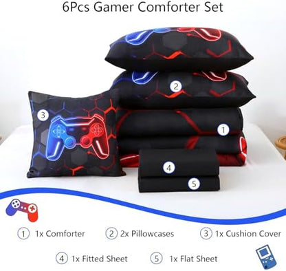 6 Pieces Full Size Kids Comforer Set for Boys Blue and Red Gaming Bedding Set 3D Honeycomb Gamer Bed in a Bag Game Console Printed Teen Boy Bed Comforter Sheet Set (Blue Red, Full)