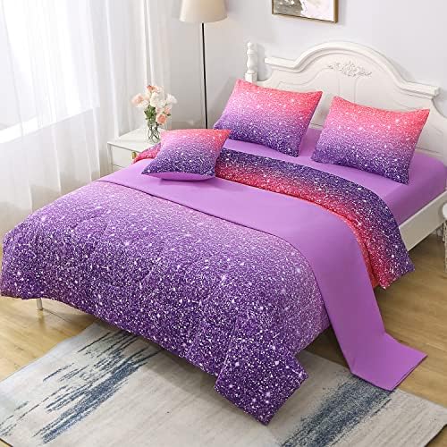 JQinHome Pink Purple Comforter Set Full/Queen Size, 6 Piece Bed in A Bag 3D Colorful Bedding Set for Girls Women (1 Comforter,2 Pillowcases,1 Flat Sheet,1 Fitted Sheet,1 Cushion Cover)