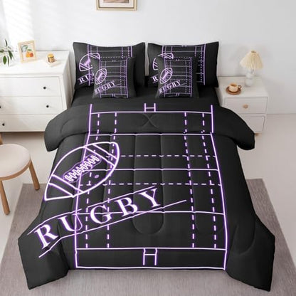 Erosebridal Teens Football Bedding Comforter Sets 7pcs for Boys Sports Bed in a Bag, Black Purple Soccer Field King Bedding Sets Ball Gaming Comforter Set, Sport Gamer Bedding Sets & Collections