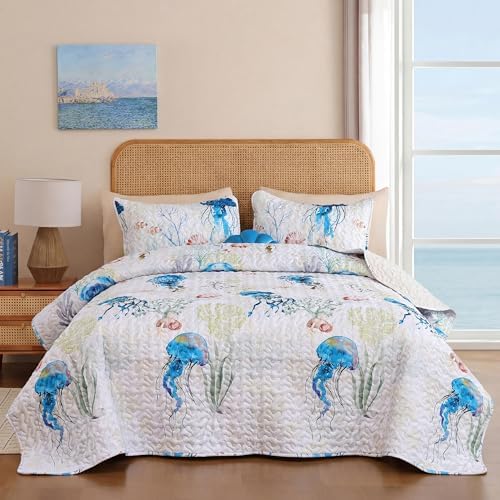 weigelia Coastal Quilt Bedding Set Queen Size - Lightweight Summer Bedspread with Blue Jellyfish Ocean Coastal Decor, Soft Nautical Comforter for All Season for Beach House Decor