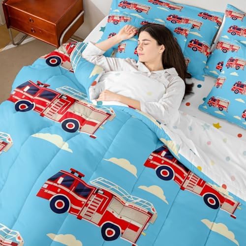 Erosebridal Cartoon Fire Truck Queen Bed in A Bag, Red Firemen Car Comforter Set with Sheets, White Cloud Blue Sky 7 Pieces Bedding Set for Kids Men Teens Boys Room Decor, Fire Engine Bed Sets