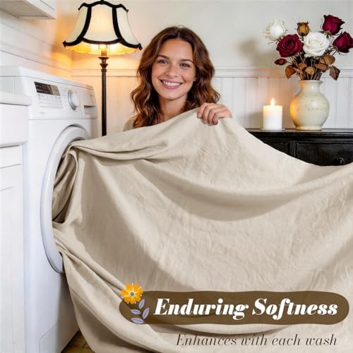 SONORO KATE 100% French Linen Queen Size Sheets Set,Natural Flax Bedding