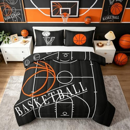 Erosebridal Boys Basketball Bedding Queen Size for Kids Child Sports Theme Comforter Set, Ball Gamer Duvet Insert Basketball Printed Reversible Quilt Set, Black Bedding Comforters & Sets