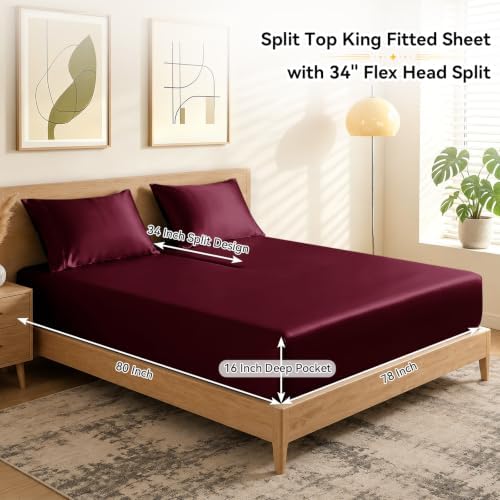 RUDONG M Split Top King Fitted Sheet Only for Adjustable Beds, Burgundy