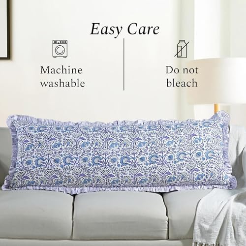 CPC Block Print Indigo Blue Ruffle Cotton Lumbar Pillow Cover 20x54 inch