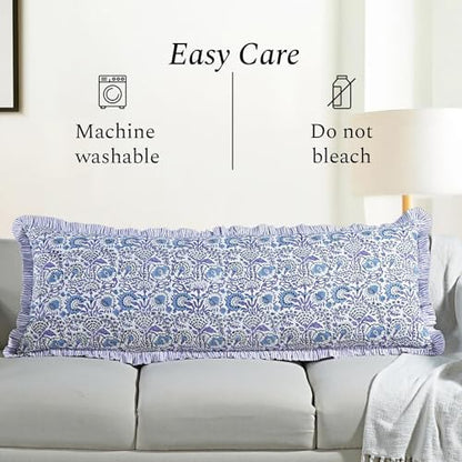 CPC Block Print Indigo Blue Ruffle Cotton Lumbar Pillow Cover 20x54 inch