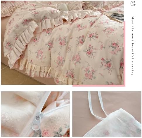 VM VOUGEMARKET Lace Ruffled Duvet Cover Set Twin,Vintage Pink Rose Flower Bedding Set,Double-Layer Gauze Cotton Soft,Breathable & Lightweight for Girls-68 x86