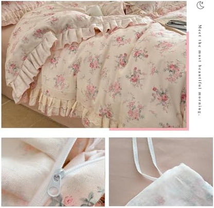 VM VOUGEMARKET Lace Ruffled Duvet Cover Set Twin,Vintage Pink Rose Flower Bedding Set,Double-Layer Gauze Cotton Soft,Breathable & Lightweight for Girls-68 x86