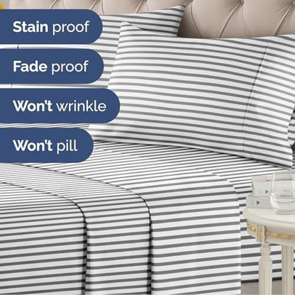 Twin XL 3 Piece Striped Sheet Set - Breathable & Cooling - Railroad Stripe