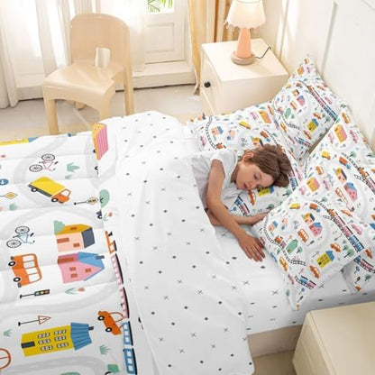 Erosebridal 7 Pcs Cartoon City Car Comforter Set Queen Size Bicycle Truck Train Kids Bedding Set with Sheets House & Tree Cityscape Bed in A Bag for Boys Girls Transportation Road & Railway Bed Sets