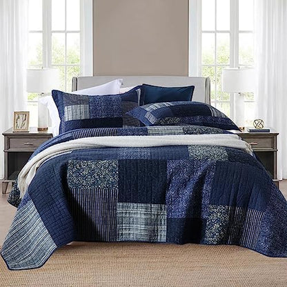 Yvooxny Quilt Set California King 3-Piece Quilt Set Plaid Floral Patchwork Quilts Cotton Quilted Bedspread with Pillowcases for All Seasons, Azure Blue, 118x110 Inches